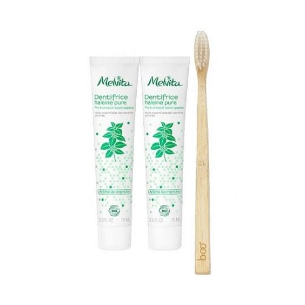 Melvita - Duo de dentifrices Bio Haleine pure - Arôme de menthe 75 ml + Brosse à dent