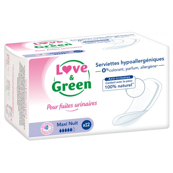 Love & Green - Serviettes fuites urinaires - Maxi nuit - 12 pièces