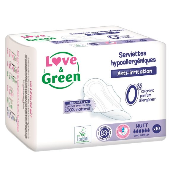 Love & Green - Serviettes hygièniques hypoallergéniques Nuit 10 pièces