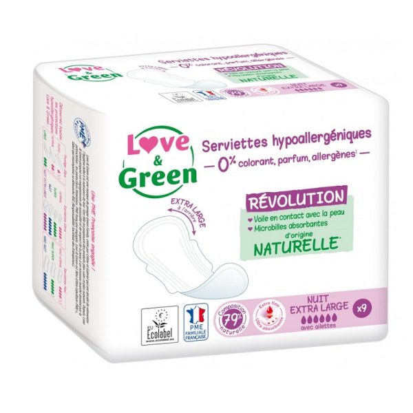 Love & Green - Serviettes hygièniques hypoallergéniques - Nuit Extra large - 9 pièces