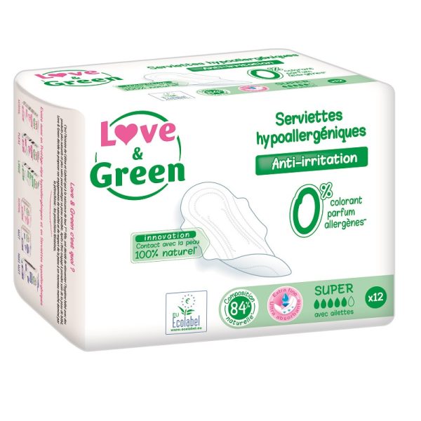 Love & Green - Serviettes hygièniques hypoallergéniques Super 12 pièces